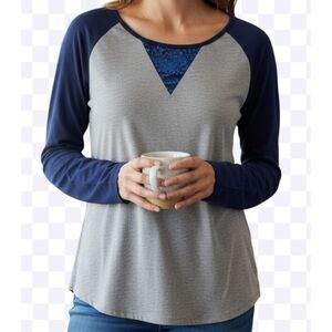 Denim & Co. Active Women's Top 1X Sequin Neckline Accent Contrasting Blue Sleeve